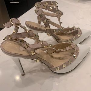 Valentino 37 Rock Studded White & Tan Heels